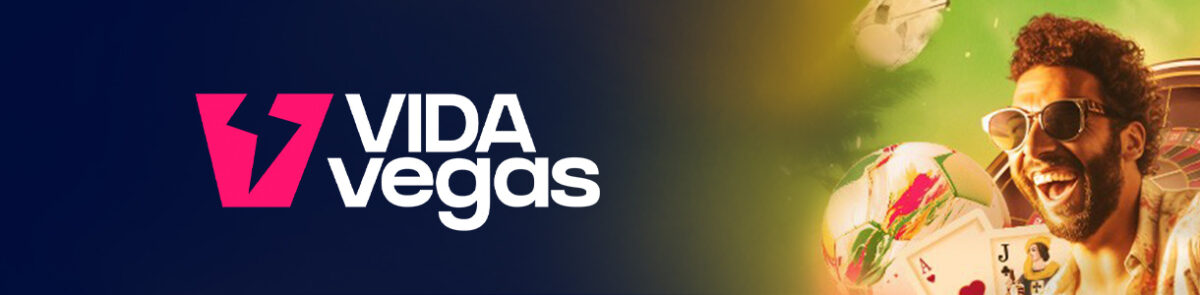 Logo da Vidavegas sobre fundo escuro com imagem de um jogador contente de óculos escuros em posição de torcida