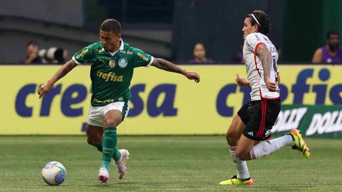 Jogadores de Palmeiras e Flamengo disputam a bola em jogo válido pelo Campeonato Brasileiro de 2024.