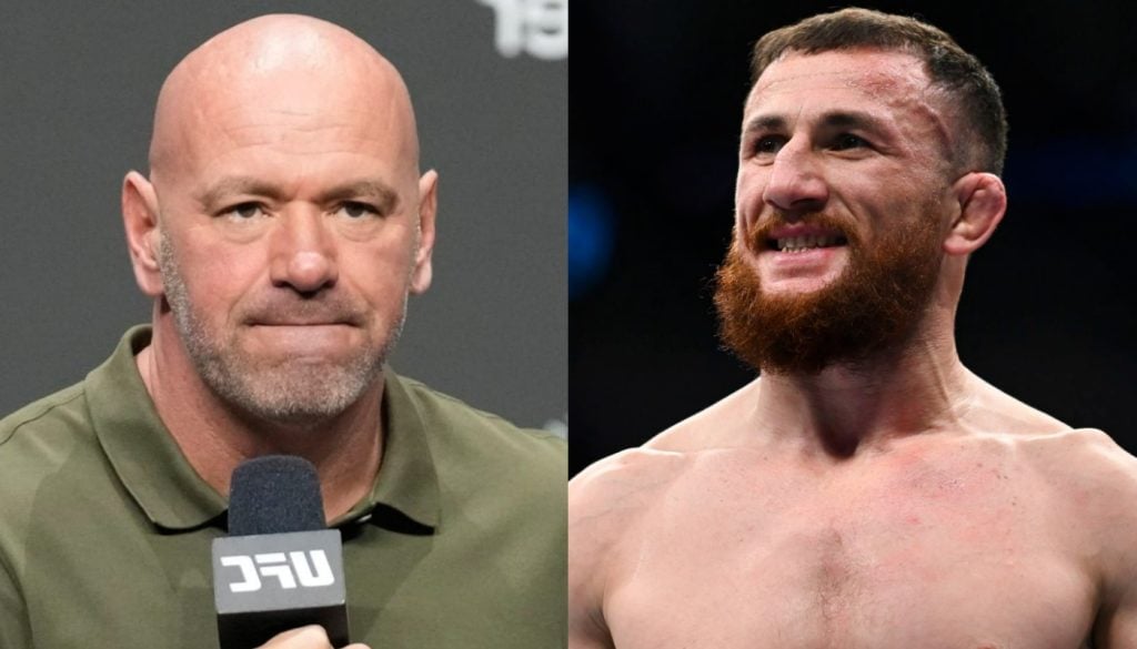 Uma montagem com Dana White à esquerda, segurando um microfone com cara de poucos amigos; e Merab Dvalishvili sorrindo à direita.