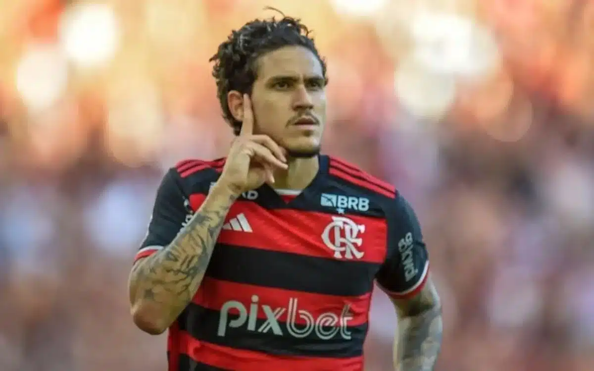 Pedro, atacante do Flamengo, comemora um gol pelo rubro-negro carioca.