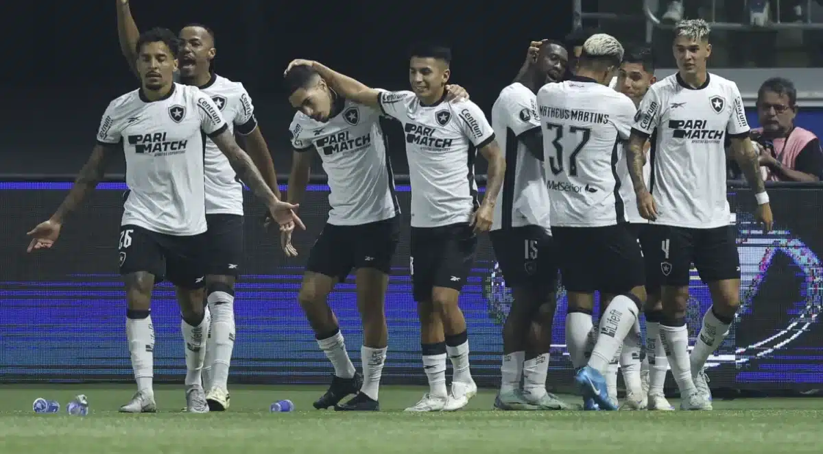 Jogadores do Botafogo comemoram a classificação para a próxima fase da Libertadores em jogo contra o Palmeiras no Allianz Parque.