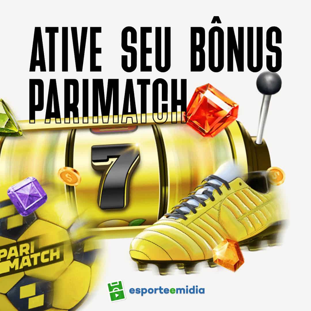 Imagem com uma slot machine e objetos esportivos, acompanhado da frase: 'Ative seu bônus Parimatch'.