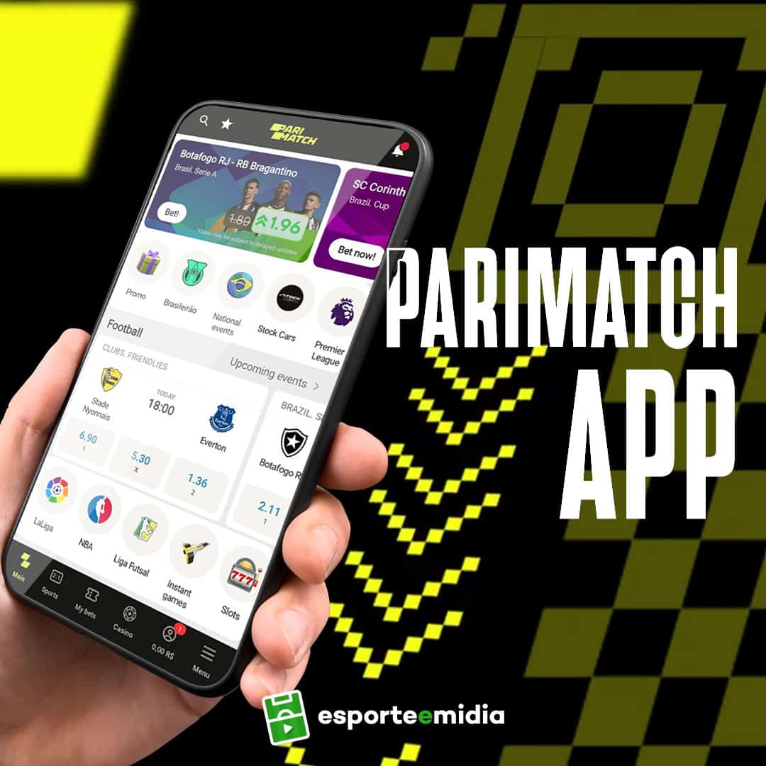Parimatch app Mão segurando um celular exibindo o aplicativo de apostas Parimatch, com a frase 'Parimatch App' em destaque